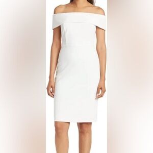 White off the shoulder dress perfect for bridal shower or rehearsal dinner